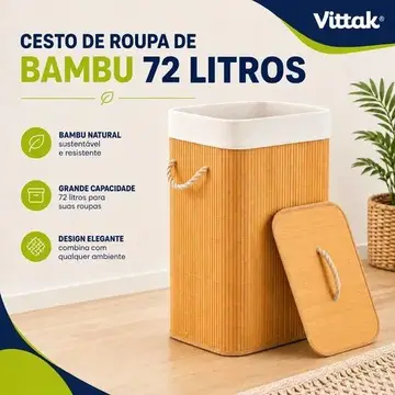 cesto de roupa vittak bambu 72l dobravel retangular com tampa e forro