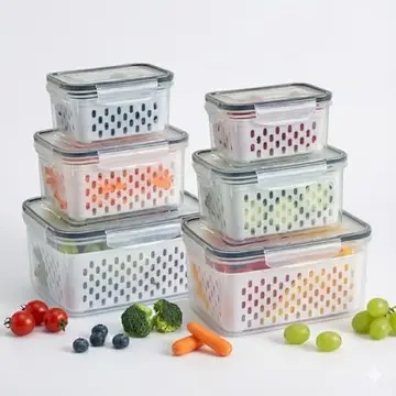 Kit 6 Organizadores de Geladeira com Cesto Removível Potes Herméticos de Plástico Livre de BPA para Frutas Verduras Alimentos Cinza