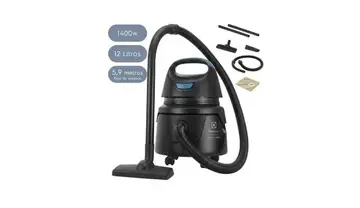 Aspirador de Pó e Água Electrolux Compacto Potente 1400W Função Sopro 12L total 5L útil protetor térmico AWD01