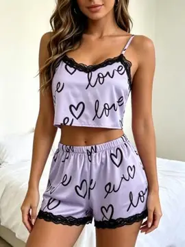 Conjunto de pijama feminino de cetim – top e short com acabamento em renda, 2 peças, roupa de dormir macia com estampa de letras de coração 