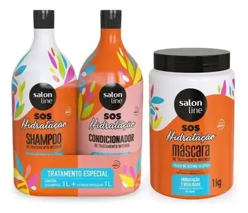 Kit Shampoo E Condicionador 1l + Máscara 1kg Sos Hidratação com Óleo de Rícino Linha de Tratamento Cabelos Danificados