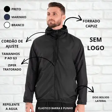 Jaqueta Corta Vento Liso Unissex Esportivo Capuz E Bolsos