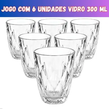 Jogo 6 Copos Baixos Diamond 300ml Vidro Grosso Diamante Luxo
