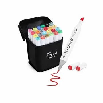 Kit de 24 Canetas Marcador Permanente Ponta Dupla Touch Coloridas para Desenho Profissional Escolar Infantil com Estojo Organizador