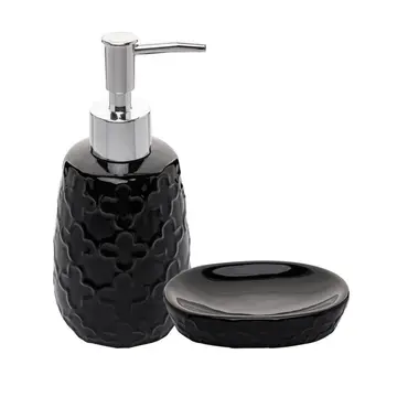 Conjunto 2 Peças Banheiro Clover Cerâmica Preto Wolff para Sabonete Organização Decoração Banheiro Lavabo Elegante Atual