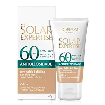 L'Oréal Paris Solar Expertise Antioleosidade, Protetor Solar Facial com FPS 60, 12h de Efeito Matte com Ácido Salicílico, Cor 1.0, 40g