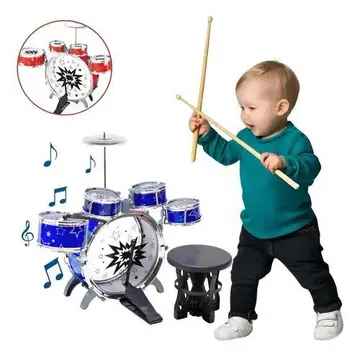 Mini Bateria Infantil Banquinho Brinquedo Com 5 Tambores Cor Azul