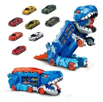 Caminhão Dinossauro Pista Com Carrinhos Maleta Transporte Cor Azul