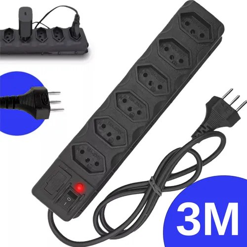 eletrodomésticos régua extensão elétrica 6 tomadas filtro linha 10a cabo 3 metros preto 127/220v