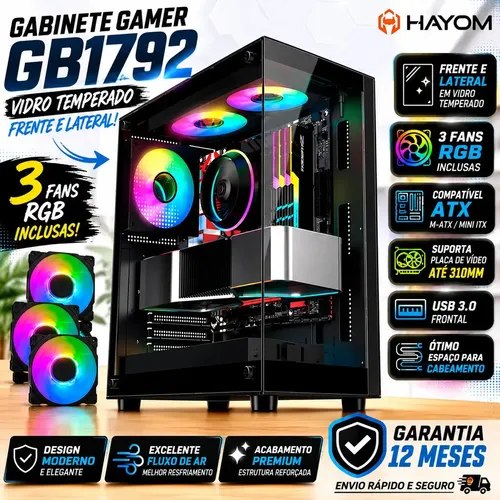 gabinete gamer gb gb1792 mid tower rgb atx em vidro temperado preto