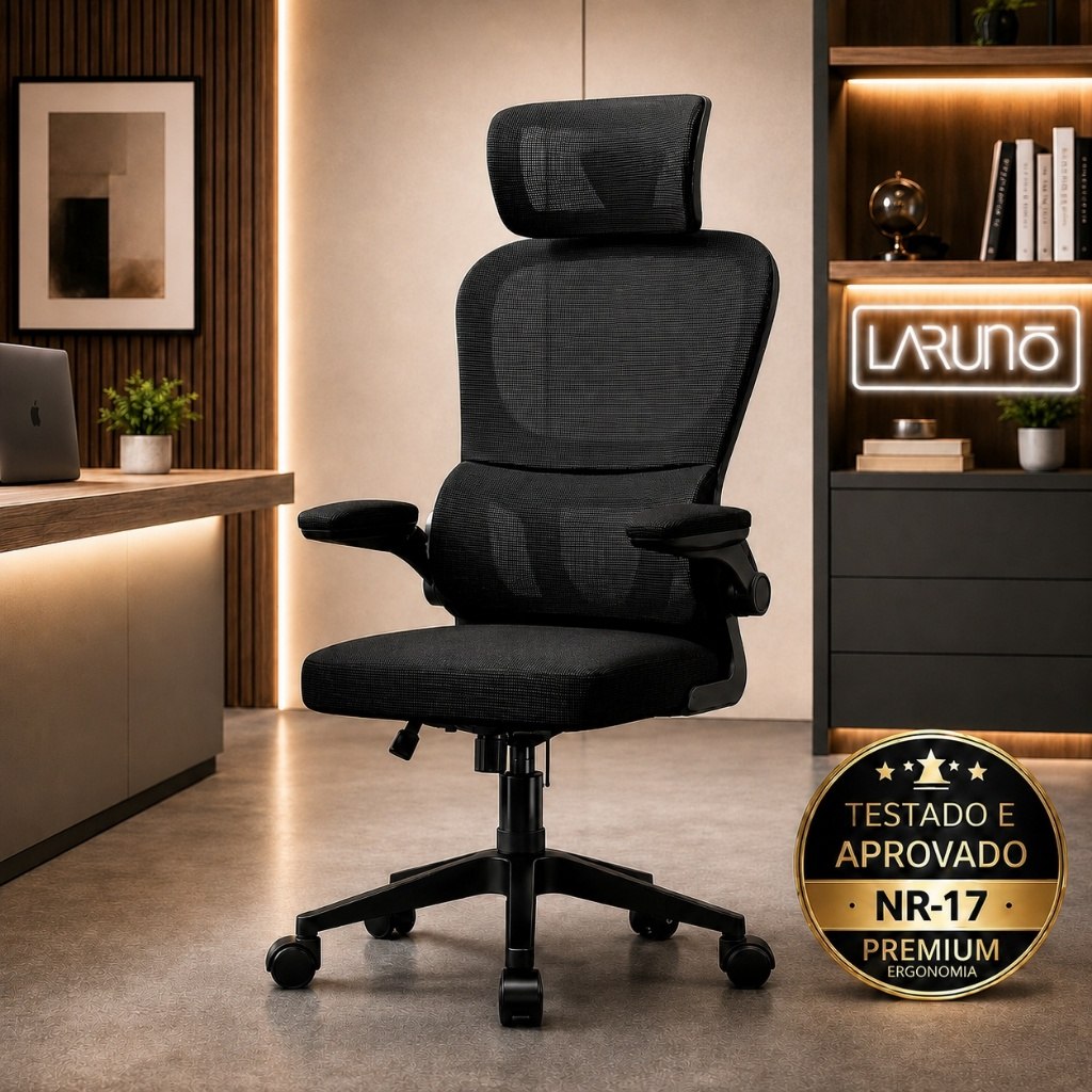 cadeira de escritório ergonômica laruno preta giratória com apoio lombar e braços ajustáveis