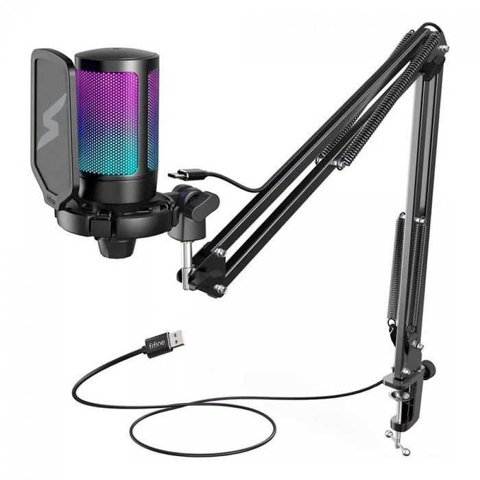 Microfone Gamer Fifine Superframe Edition Sfm1 Rgb Usb Black Com Braco Articulado