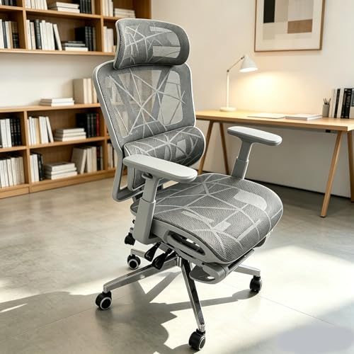 Cadeira de Escritório Ergonômica com Suporte Lombar, Encosto em Mesh Transpirável Braços 3D Aajustáveis e Apoio de Cabeça Regulávell, para H