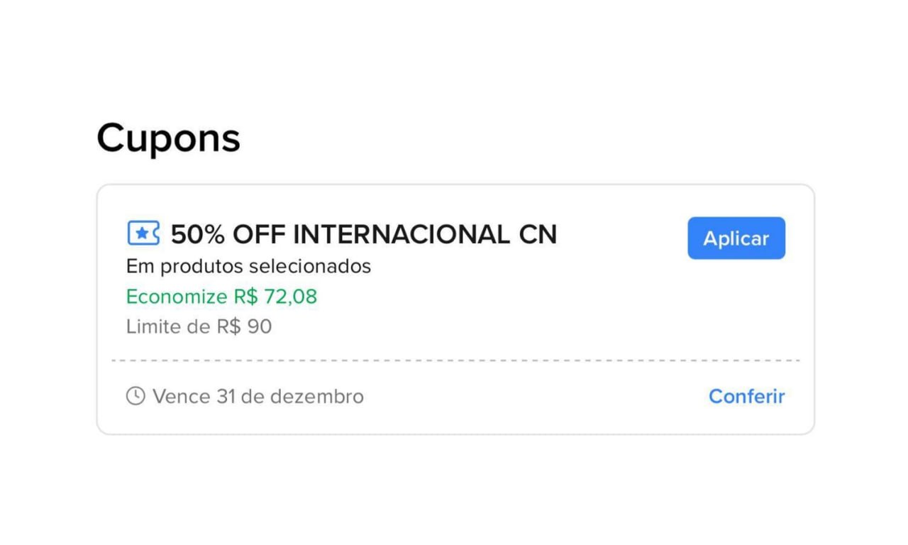 Ainda ativo! Cupom 50% OFF em produtos internacionais