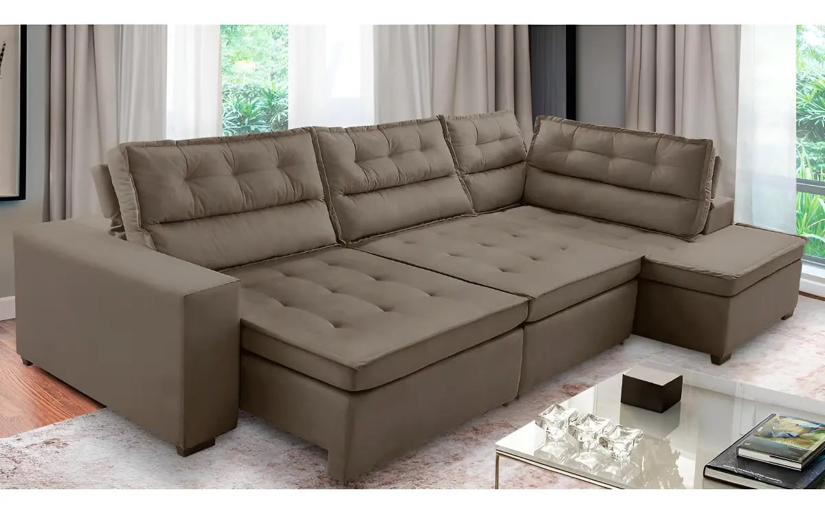 sofás adonai estofados sofá canto retrátil e reclinável com molas virginia suede cappuccino 3,00x2,00