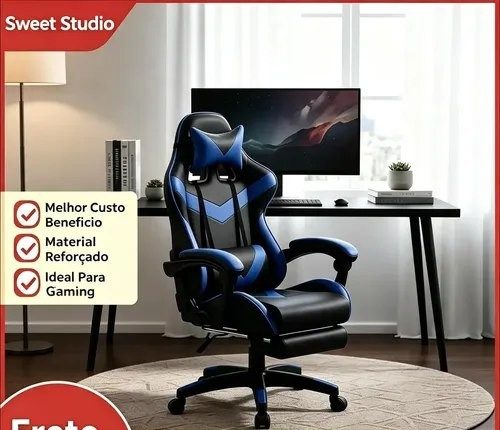 Cadeira Gamer Sweet Studio Ergonômica Reclinável em Couro Sintético Azul com Apoio de Pés