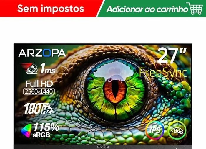 PARCELADO! Novo Monitor ARZOPA de 27 Polegadas, Monitor de Jogos 180Hz QHD 2K para PC, 2560 1440, Fast IPS, com Type-C, Modo Samsung DeX, Fr
