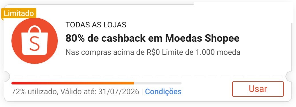 Esgotando - Cupom Shopee 80% Cashback