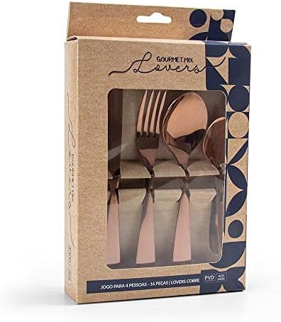 Gourmet Mix Jogo de Talheres 16 Peças Lovers Rose Gold Faqueiro Aço Inox Premium Mesa Posta Luxo