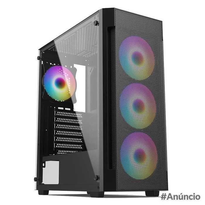 Gabinete Gamer Liketec Hurricane Mid Tower Atx Frontal Mesh Lateral Em Vidro Temperado 3X Fans Preto Lc At Hurricane 3Fr