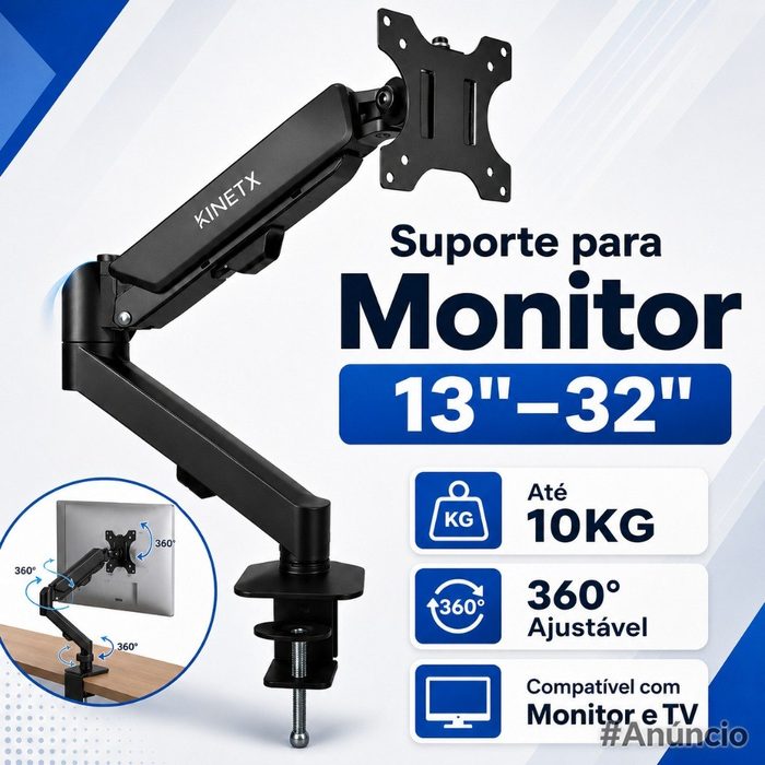 Suporte Articulado para Monitor e TV 13" a 32" com Pistão a Gás Ajustável Universal Preto