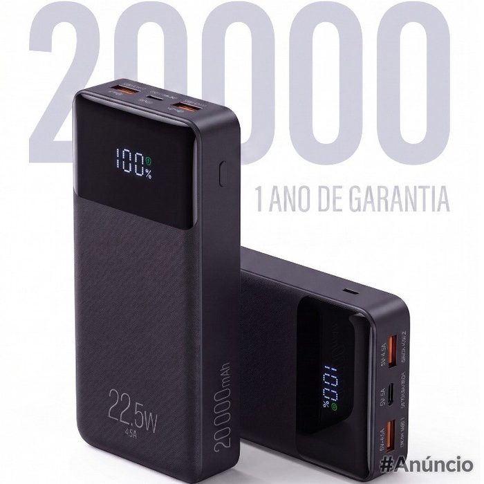 Power Bank Carregador Portátil Pro 20000mAH ELG PB200BK, Bateria Portátil Universal, Carga Rápida, Display Indicador