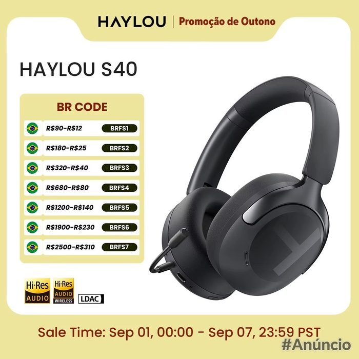 Fone de Ouvido Sem Fio HAYLOU S40 ANC com Cancelamento de Ruído de 50dB, Áudio Espacial 3D de Alta Resolução, Fone de Ouvido Bluetooth 6.0 O