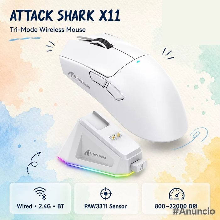 Mouse Gamer Leve Tri-Mode ATTACK SHARK X11, PAW3311, 22000DPI, 400IPS, 40G, Taxa de Retorno de 1K, Carregamento Rápido Magnético 7