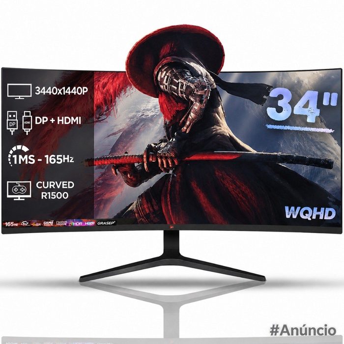 Monitor Gaming Curvo R1500 - 34 Polegadas Ultrawide Led 165hz 1ms WQHD Borda Fina Conexão Hdmi e Dp