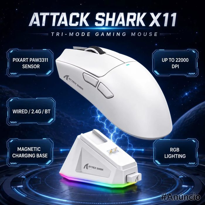 Mouse Sem Fiio Tri-Mode Attack Shark X11, paw3311, 22000DPI paw 3311 - Com dock