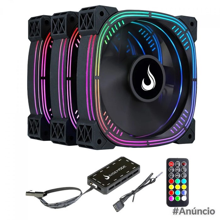 Kit Fan Com 3 Unidades Rise Mode Aura Pro Black Argb 120Mm Rm Aub 02 Argb