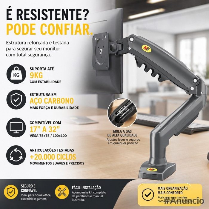 Suporte Articulado de Mesa F80NB com Pistão a Gás para Monitores de 17'' a 35'' Preto ELG