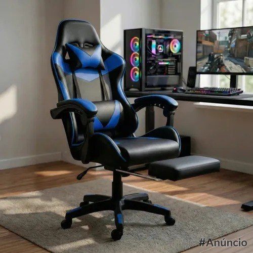 Cadeira Gamer Profissional Escritório Com Apoio Para Pés Azul Couro Sintético