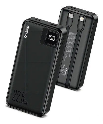 Power Bank Basike 20000mAh Preto, Carga Rápida 22.5W para iPhone e Samsung, Com Cabos Embutidos e Display