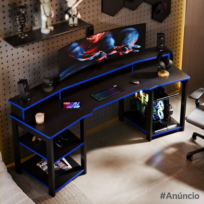 Mesa Gamer Escrivaninha Oslo Para Setup Gamer Com Prateleiras E Suporte Para Monitor Design Moderno