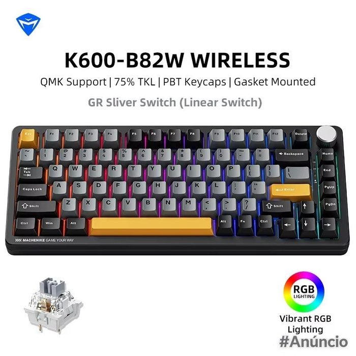 teclado machenike k600-b82w sem fio rgb pbt tri-mode
