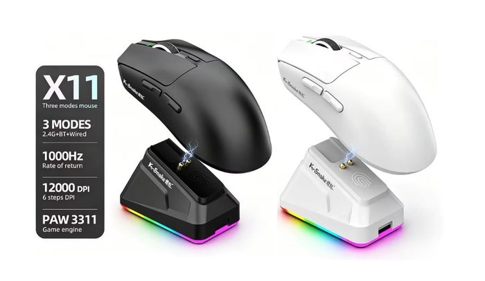 Mouse Sem Fio Kebidumei X11 PAW3311 Tri-Mode 12000 Dpi com Tela RGB, Base de Carregamento Magnética e Compatível com Bluetooth, 2.4G e Fio