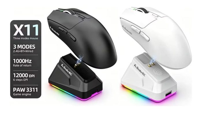 Mouse Sem Fio Kebidumei X11 Paw3311 Tri-Mode 12000 Dpi com Tela Rgb, Base de Carregamento Magnética e Compatível com Bluetooth, 2.4G e Fio