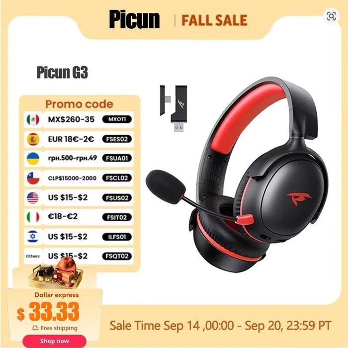 Headset Sem Fio 2.4GHz Picun-G3 Baixa Latência, Áudio Espacial 3D, Enc Mic