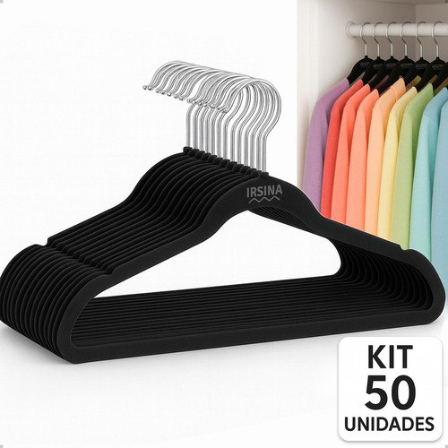 acessórios de casa irsina kit 50 cabides veludo preto antideslizante slim