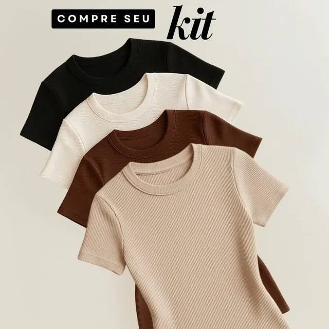 roupas 4 blusas feminina ribana canelado estilosa básica casual preto branco marrom nude m/g 36/42