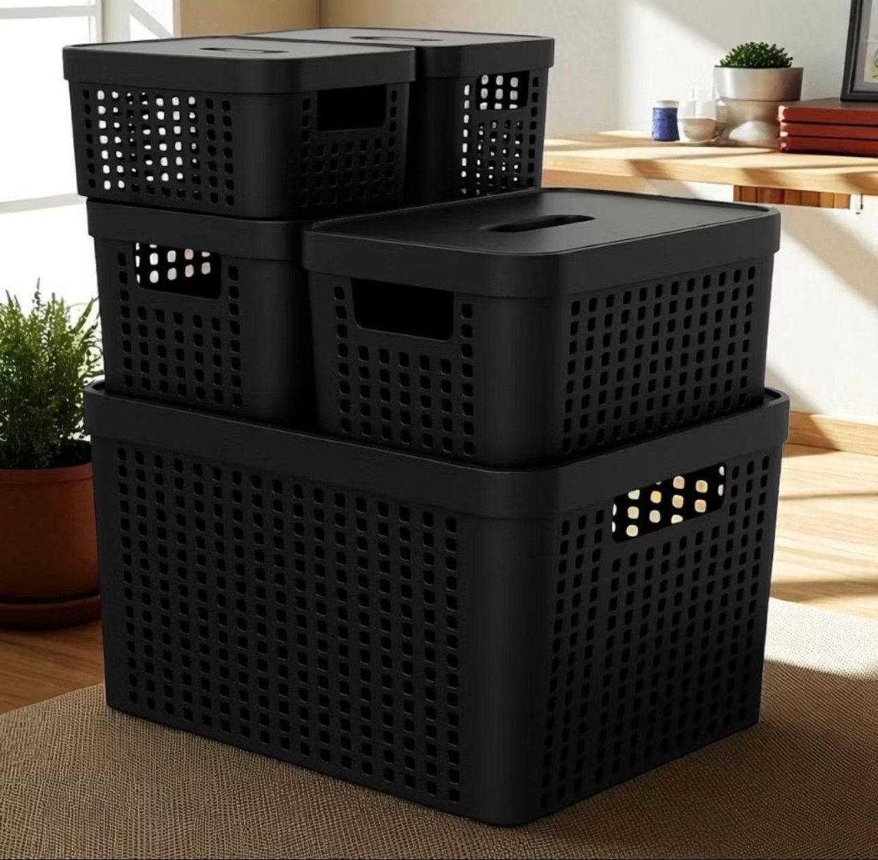 organização caixas organizadoras kit 5 com tampa cesto plástico 2l 4,5l 17l