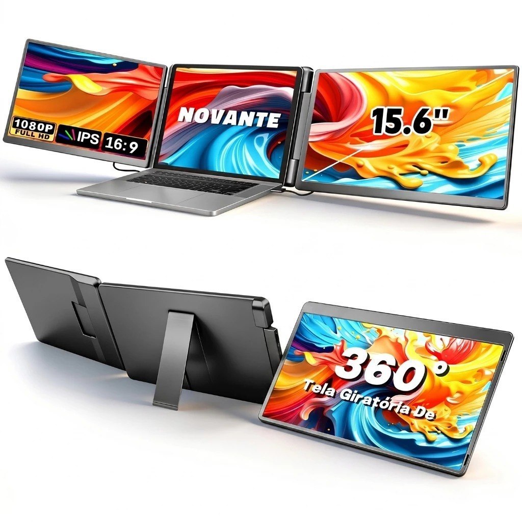 Monitor Portátil Expansor de Tela Dupla 15.6" FHD 1080p IPS, Tela Rotativa 360° para Notebook