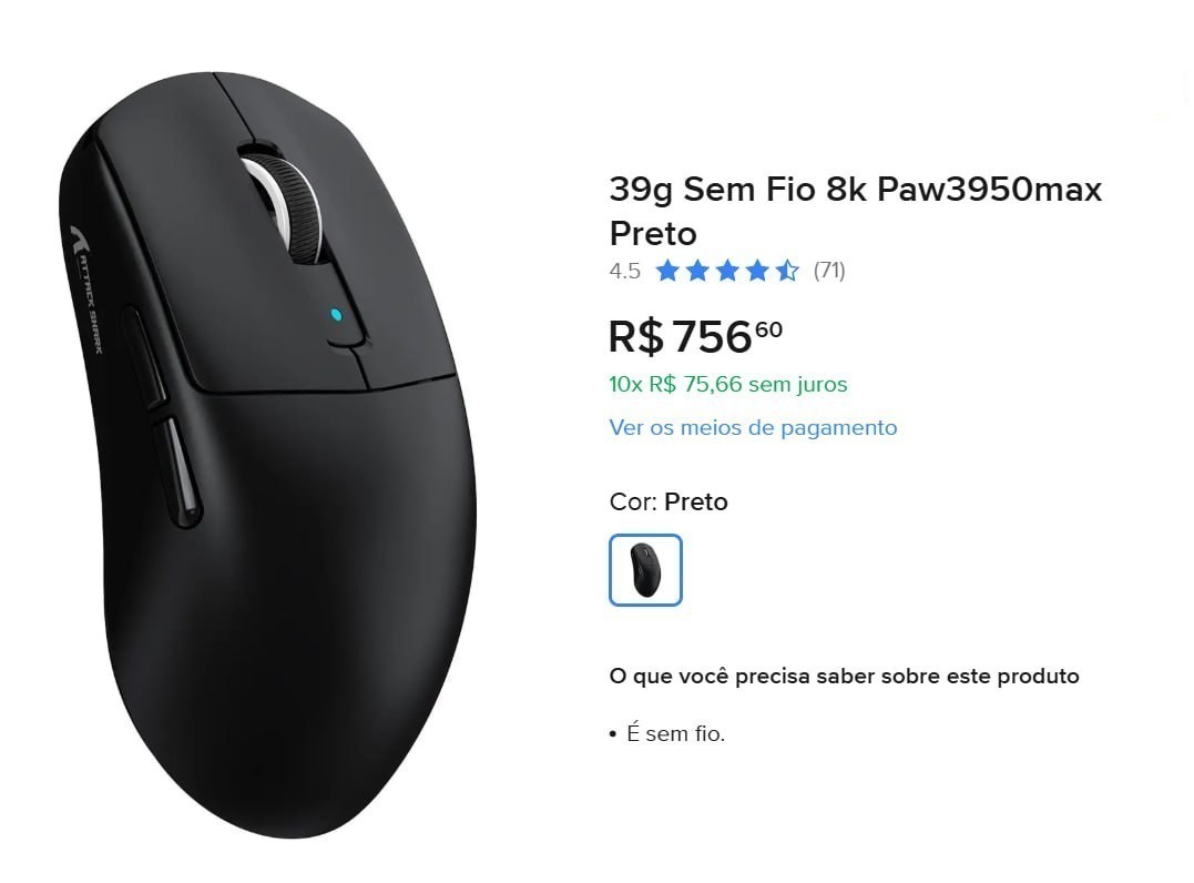 acessórios e periféricos attack shark r6 sem fio 39g 42000 dpi paw3950max bluetooth/2.4g