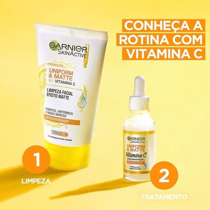 Garnier Uniform & Matte, Kit Skincare Creme de Limpeza Facial Vitamina C 120g e Sérum Booster Antimarcas 15ml