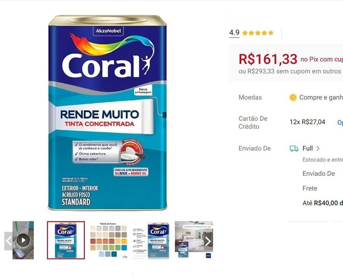 Tinta Para Parede Interna e externa Acrílica Fosco Rende Muito Coral 16L Diversas Cores