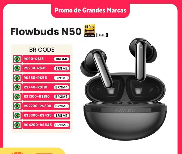 Fones de Ouvido Xiaomi Haylou FlowBuds N50 ANC, com Bluetooth 6.0 com áudio Hi-Res e LDAC, Cancelamento de Ruído Ativo até -54dB, com 6 mics