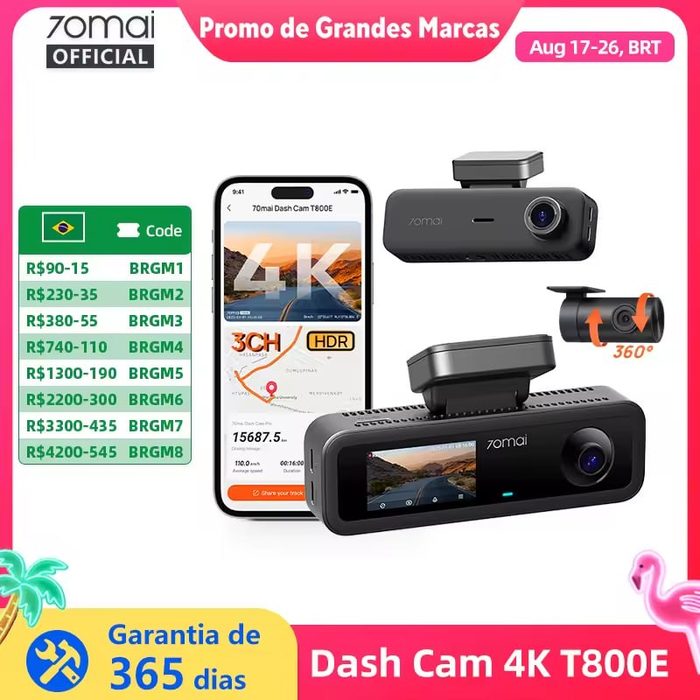 Xiaomi 70mai T800E Dash Cam 3 Canais – Câmera Frontal 4K HDR, Interna e Traseira 1080P, Visão Noturna F/1.55, GPS, Wi-Fi 6, Controle por Voz