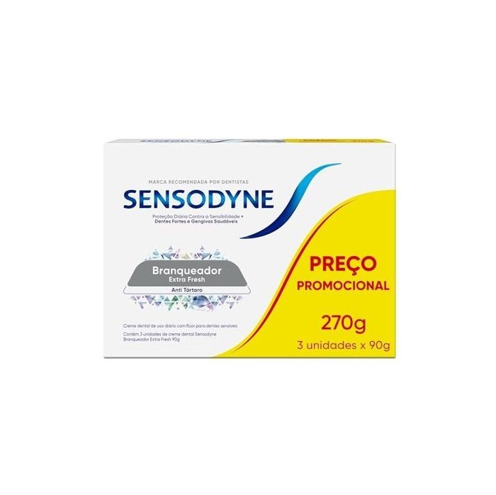 Sensodyne Creme Dental Branqueador Extra Fresh com Flúor, Leve 3 e Pague 2, Anti Tártaro, Contra Sensibilidade, 90g cada