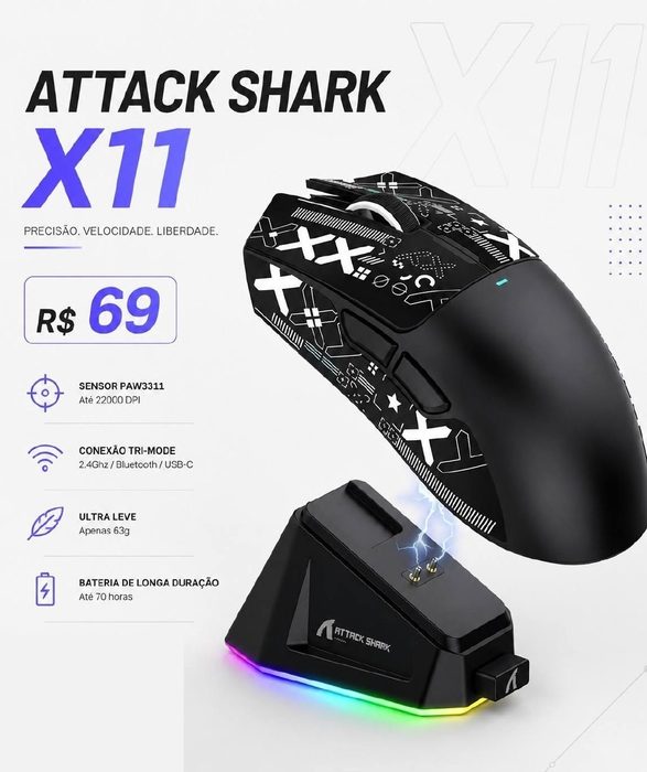 Mouse Sem Fio com Dock Attack Shark X11, Sensor Paw3311